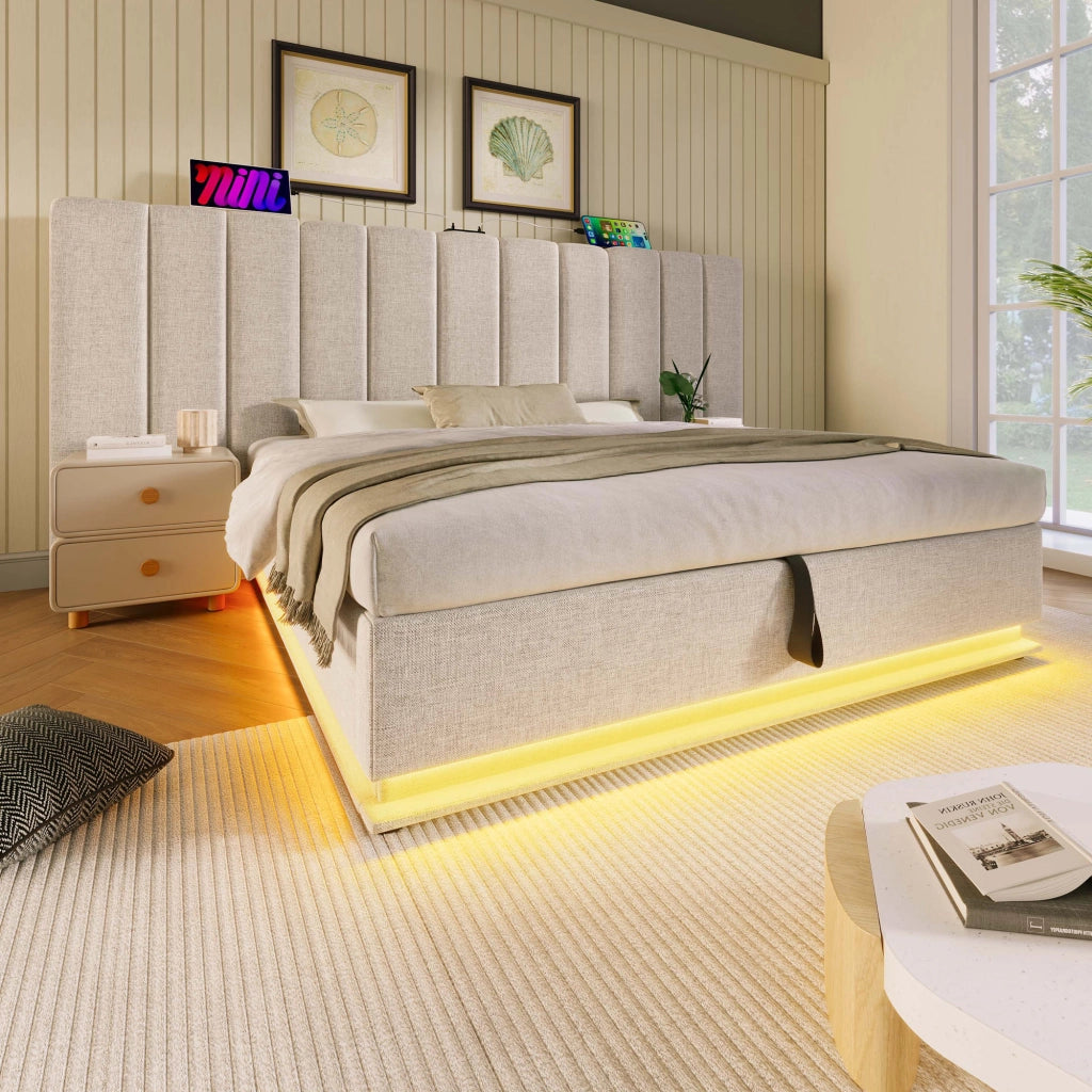 Letto matrimoniale contenitore 180x200 con LED e ricarica USB-C; letto imbottito in lino beige