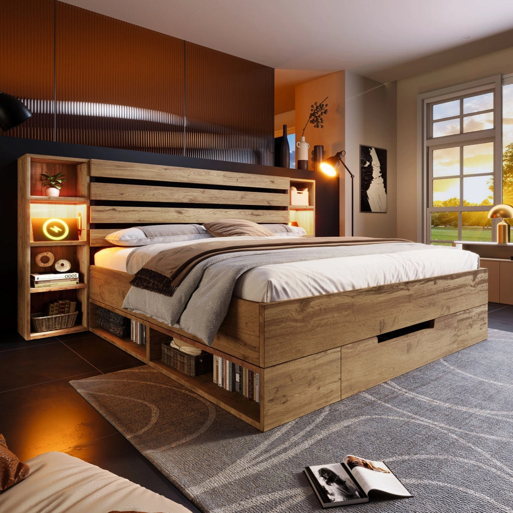 Letto matrimoniale 160 × 200 cm con LED USB e USB C in metallo e legno color rovere con cassetti