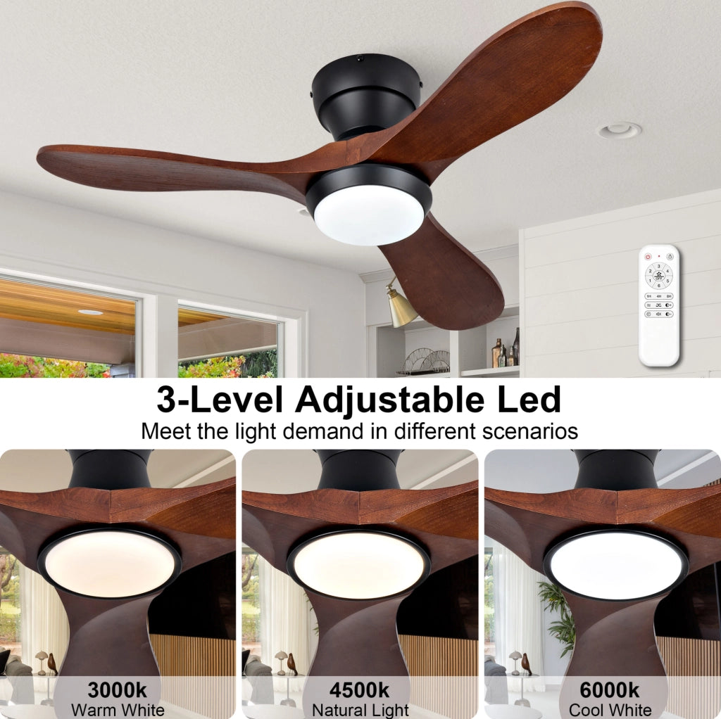 Ventilatore da soffitto 36" con pale in legno massello, illuminazione LED regolabile e telecomando, 6 velocità, rotazione avanti/indietro