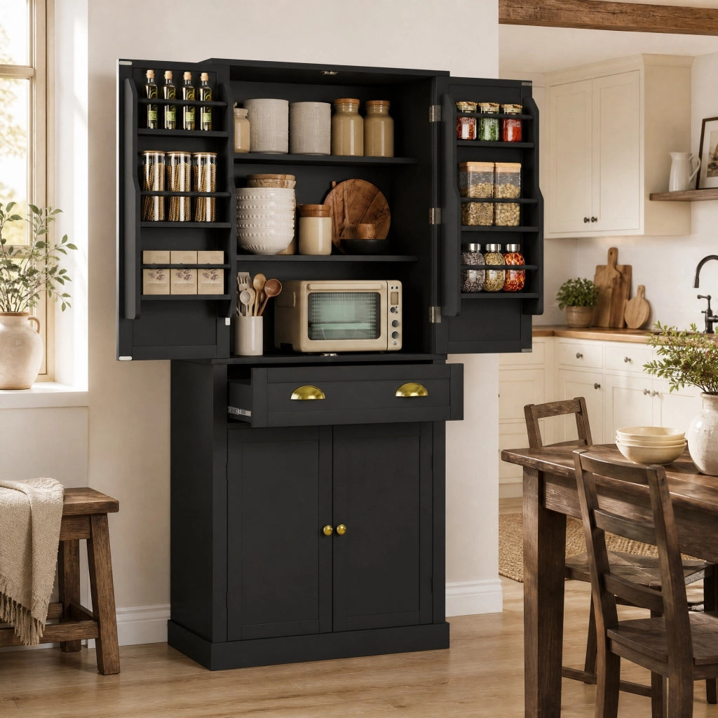 Armadio contenitore nero 182 cm con 4 ante, 1 cassetto e ripiani regolabili per cucina e soggiorno