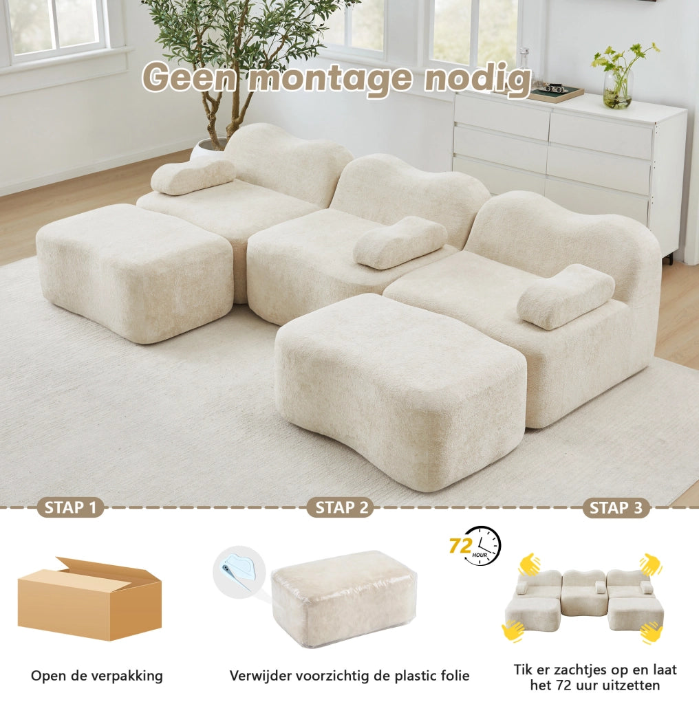 Divano modulare 2 posti con 2 pouf, schiuma ad alta densità 32D, rivestimento in velluto beige, ideale per soggiorno e appartamenti