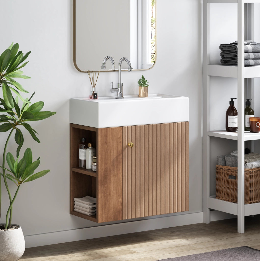 Mobile bagno sospeso bianco con lavabo in ceramica lucida 55 cm per piccoli spazi