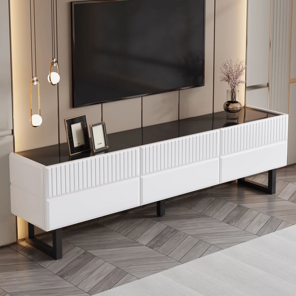 Mobile TV con cassetti; gambe in ferro e piano lucido in MDF e pannello truciolare nero e bianco 170 × 35 × 47 cm