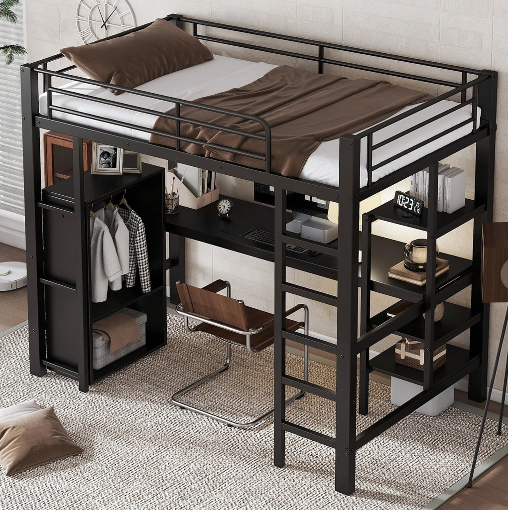 Letto a soppalco nero 90 x 200 cm con scrivania e armadio