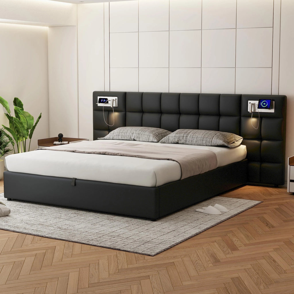 Letto imbottito 180x200 cm con USB; ricarica wireless; luce e contenitore; PU nero