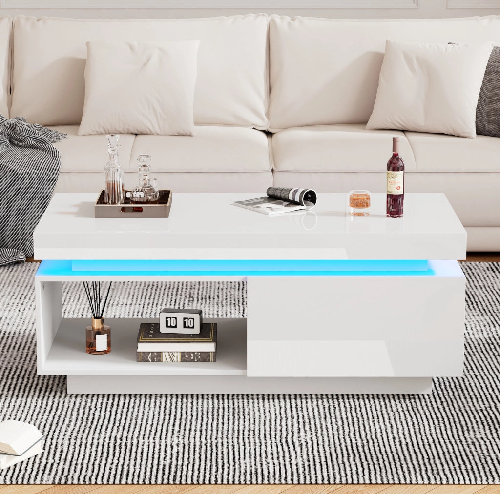 Tavolino da salotto moderno lucido con LED e cassetto 100x50x40;3 cm; bianco