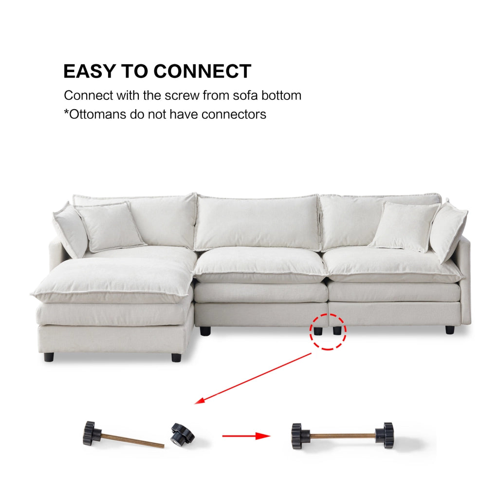 Divano angolare modulare a L 3 posti con chaise longue e pouf in tessuto chenille premium