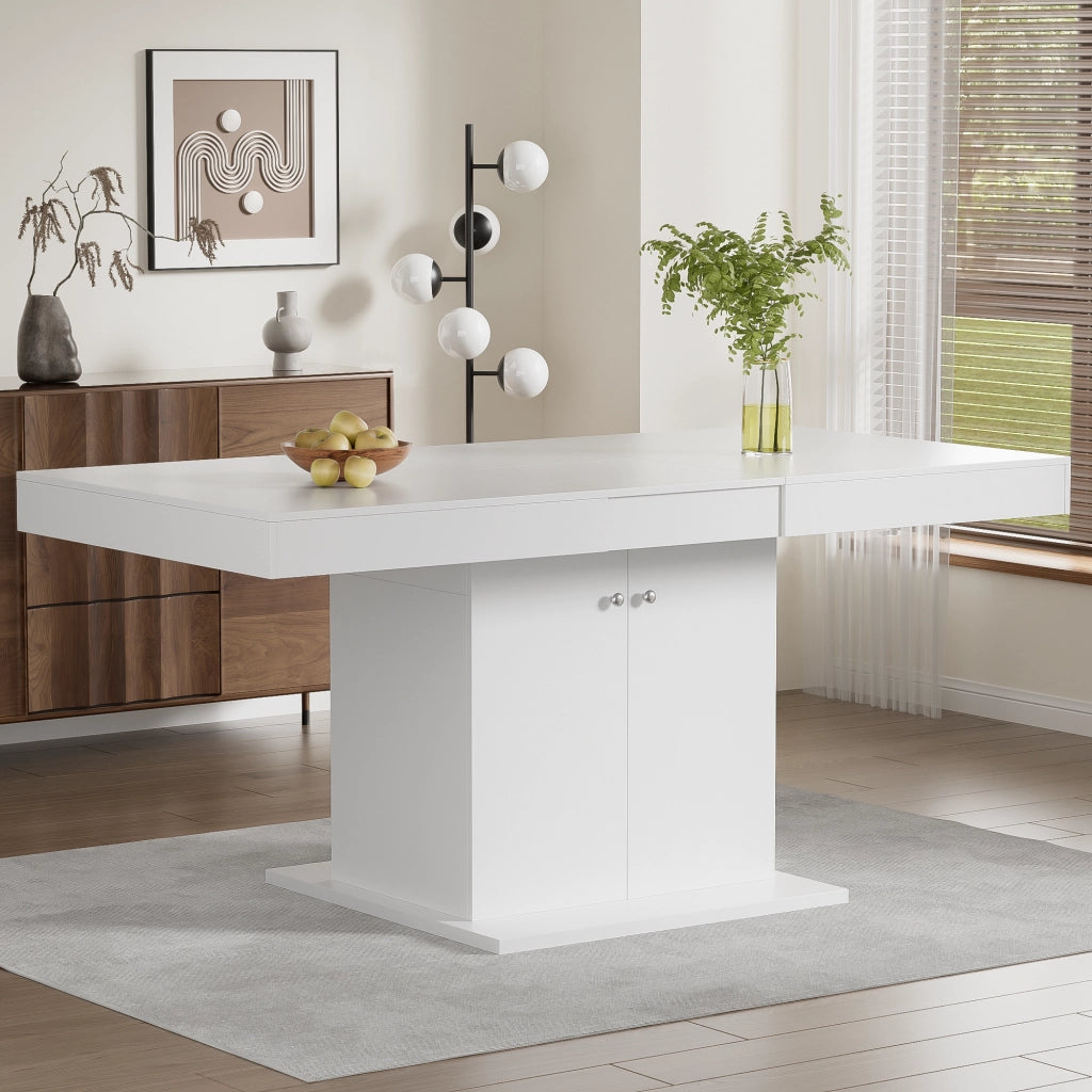 Tavolo da pranzo allungabile con contenitore, 140/180 cm, bianco, in truciolare e metallo