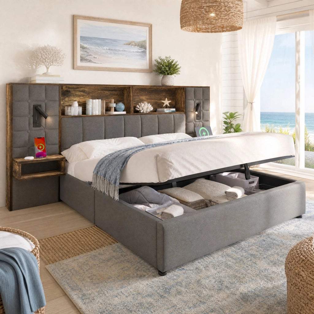 Letto 160x200 in lino con contenitore; lampade; comodini e USB Type-C; grigio