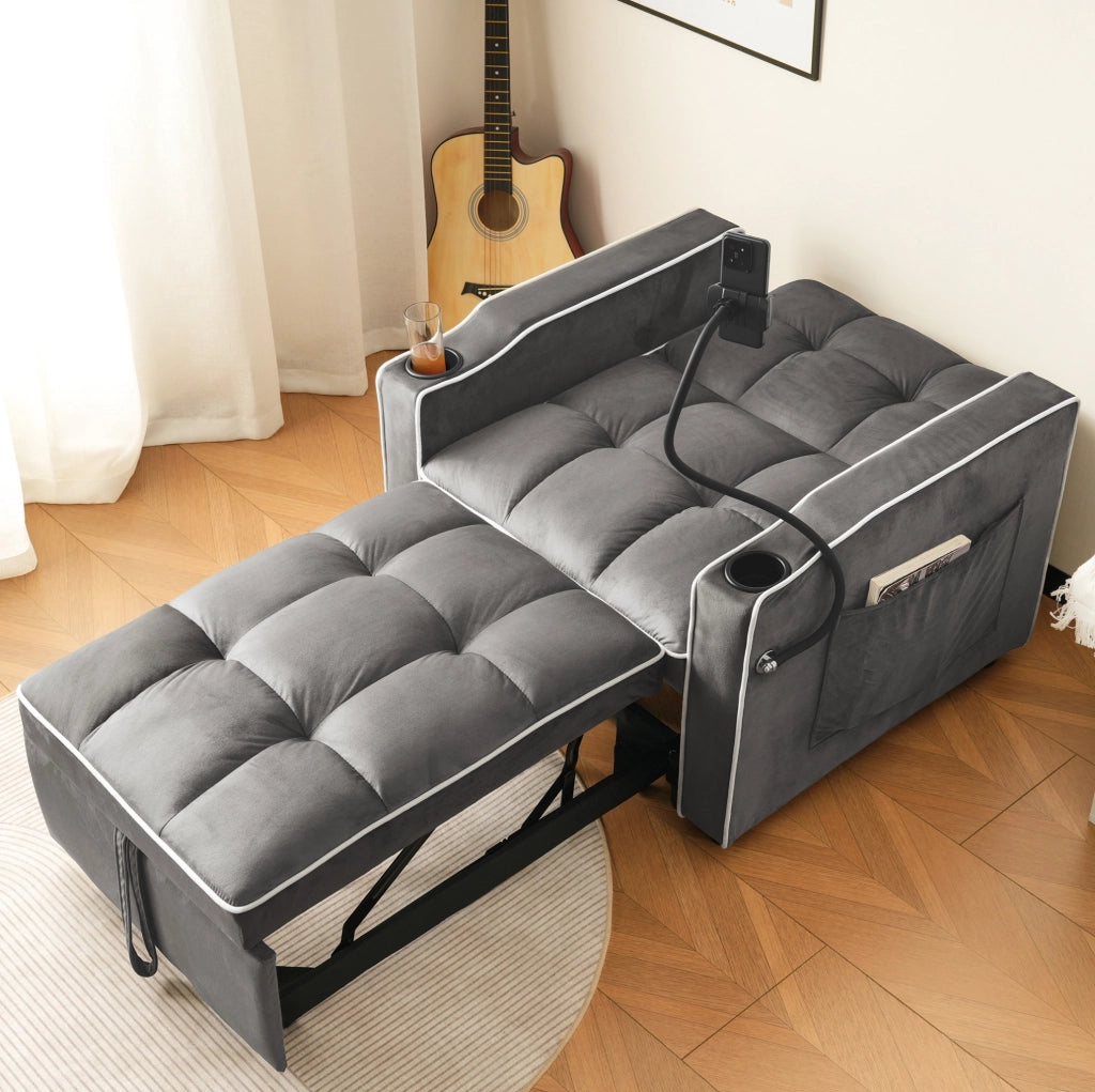 Poltrona letto estraibile 3 in 1 in velluto grigio scuro con schienale regolabile