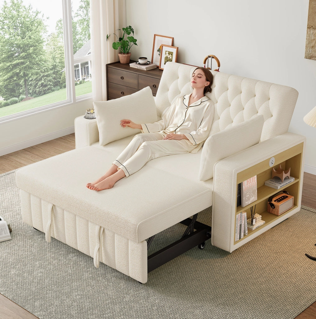 Divano Letto Multifunzionale Beige in Chenille con Contenitore, Porta USB e Porta Bicchieri, 2 Posti, 140x137x84 cm