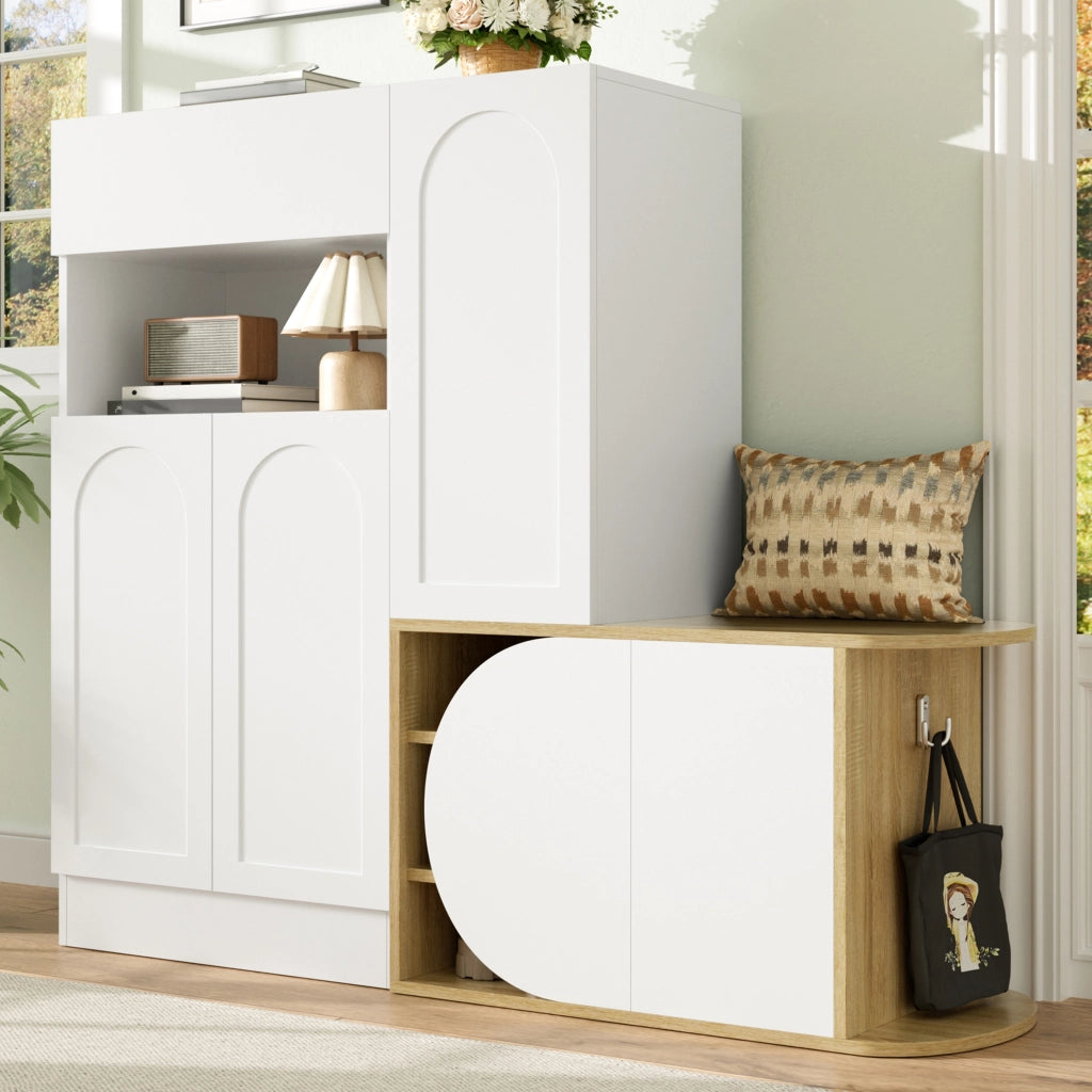 Scarpiera, mobile da ingresso, con seduta, cassetti, ripiani aperti, 130 x 35 x 110,5 cm, bianco e color legno naturale