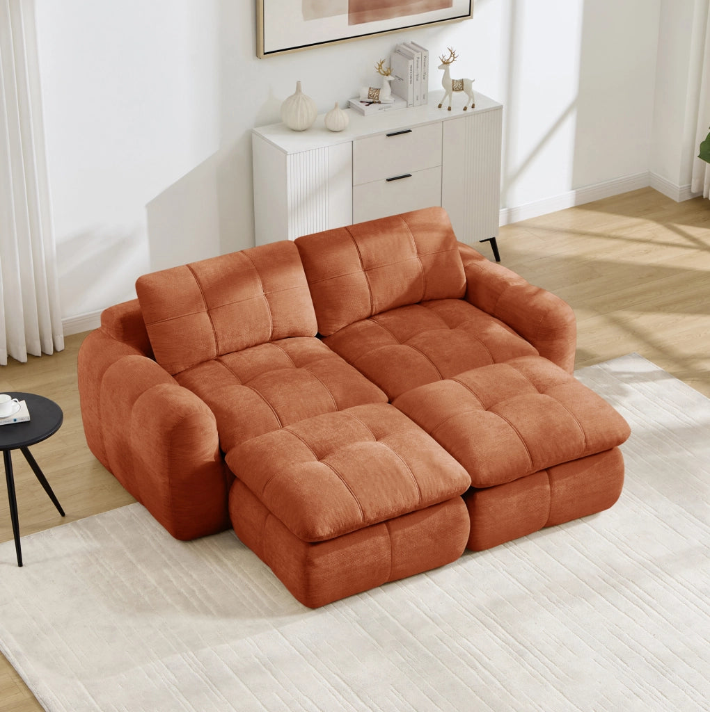 Divano modulare senza telaio 2 posti in chenille arancione con cuciture a quadri e 2 pouf, comodo e flessibile per soggiorno e appartamenti