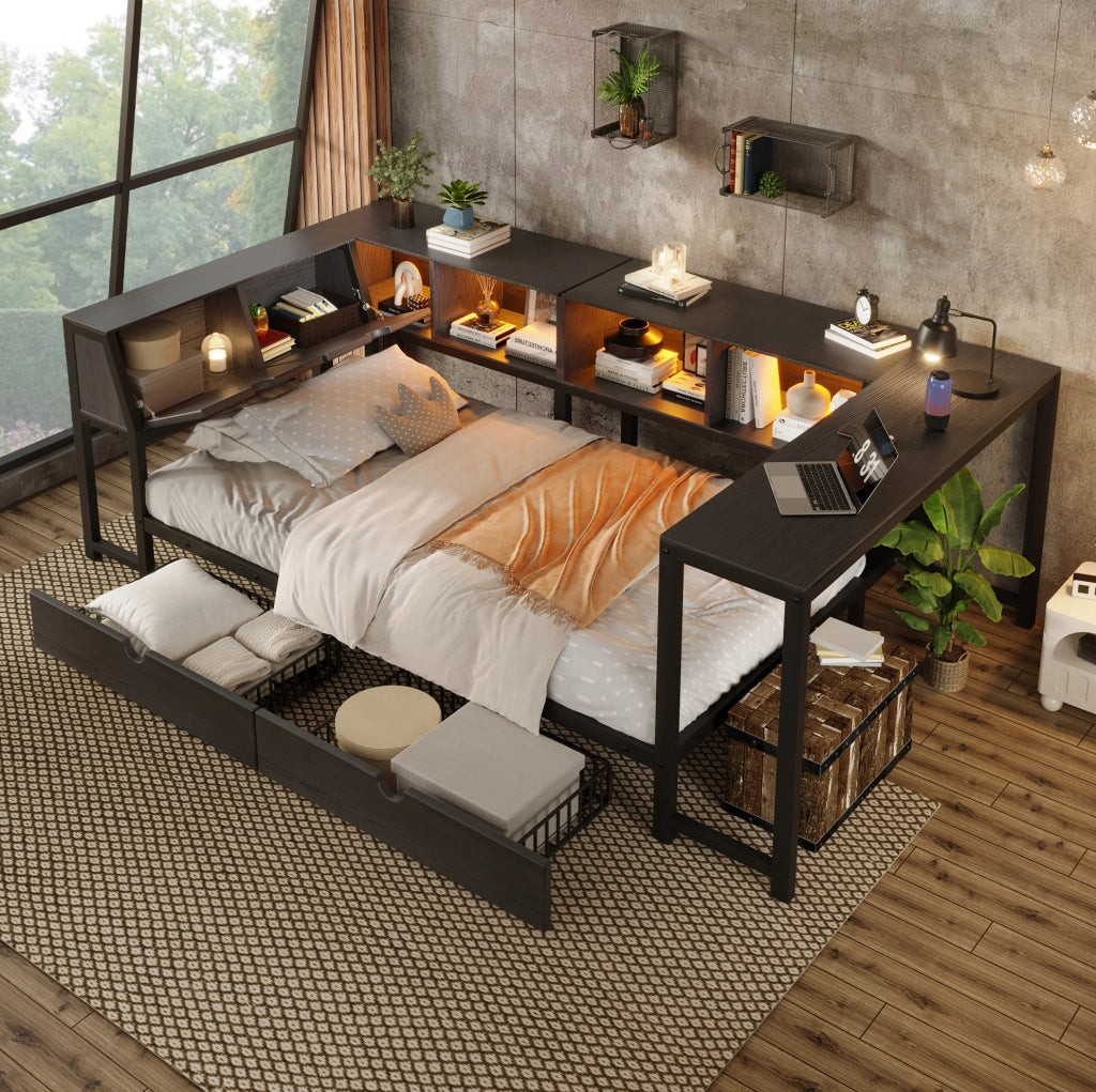 Letto singolo multifunzione 90x200 cm con scrivania; cassetti e LED nero HOMVRA