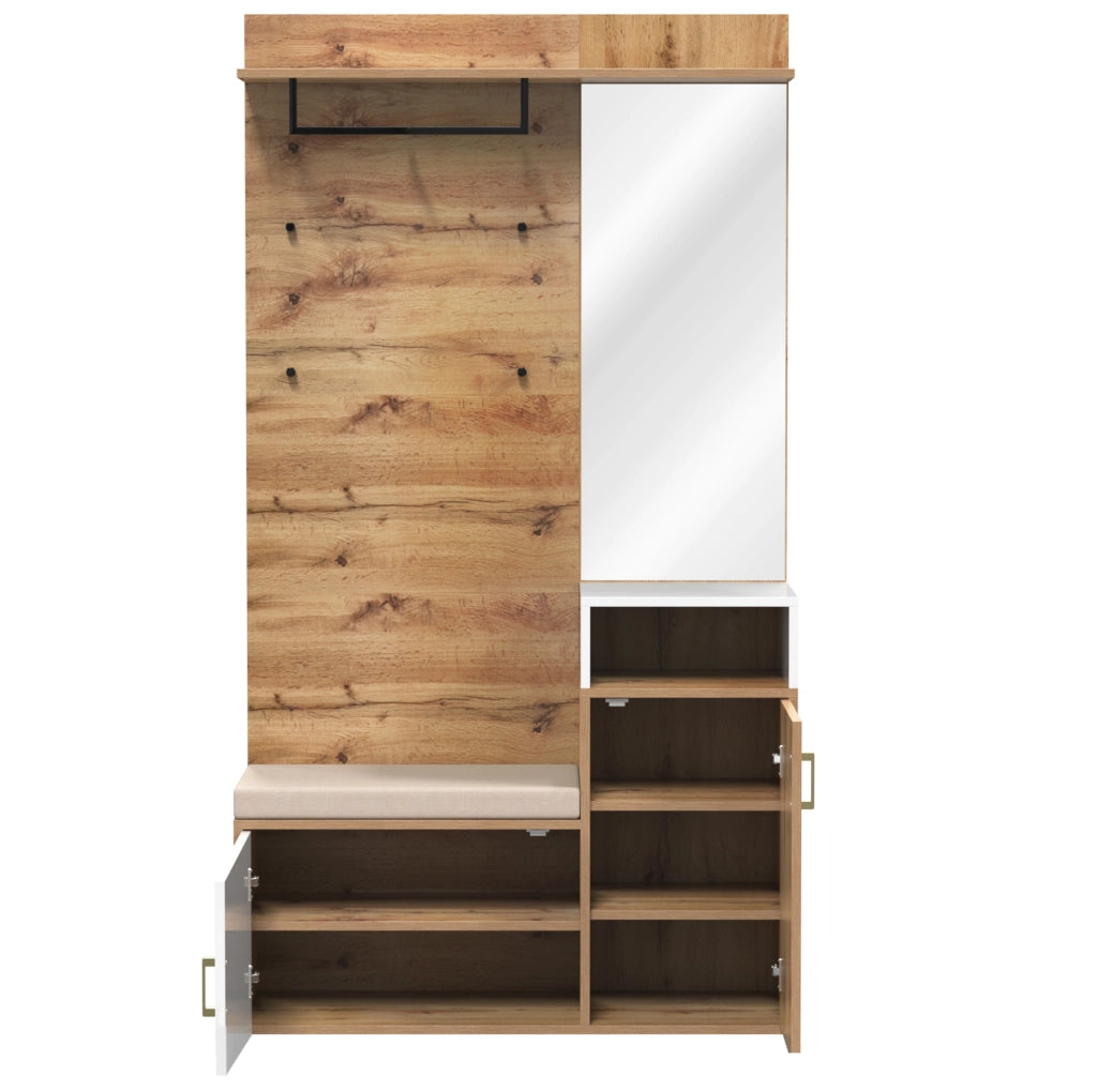 Set da ingresso bianco e legno con specchio, scarpiera, appendiabiti, panca e ganci