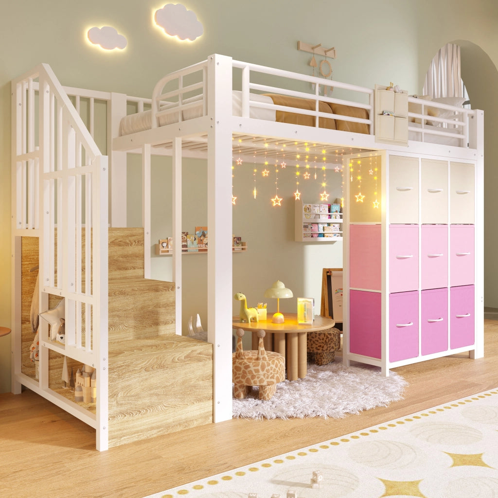Letto a soppalco 90 × 200 cm in metallo e MDF bianco con scala contenitore cassetti appendiabiti e ringhiera