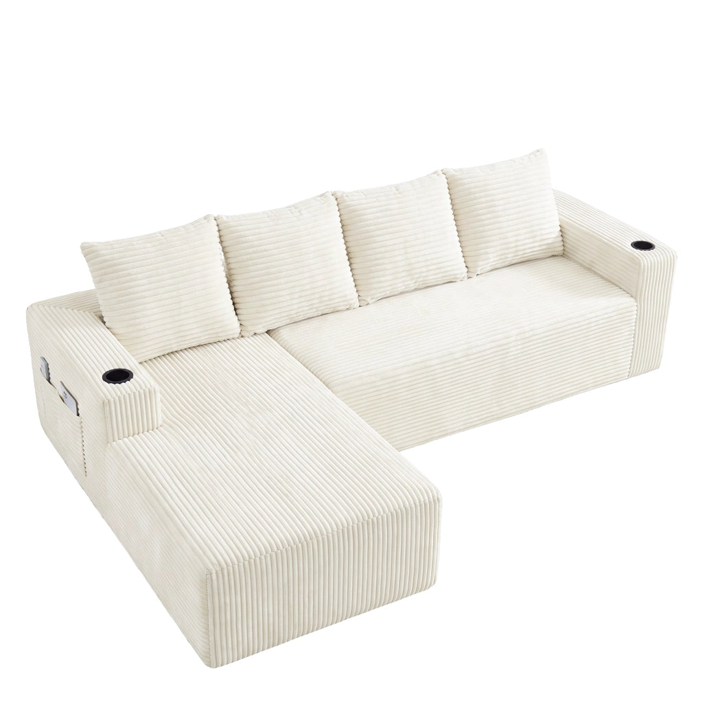 Divano modulare con chaise longue reversibile e portabicchieri, velluto a coste beige