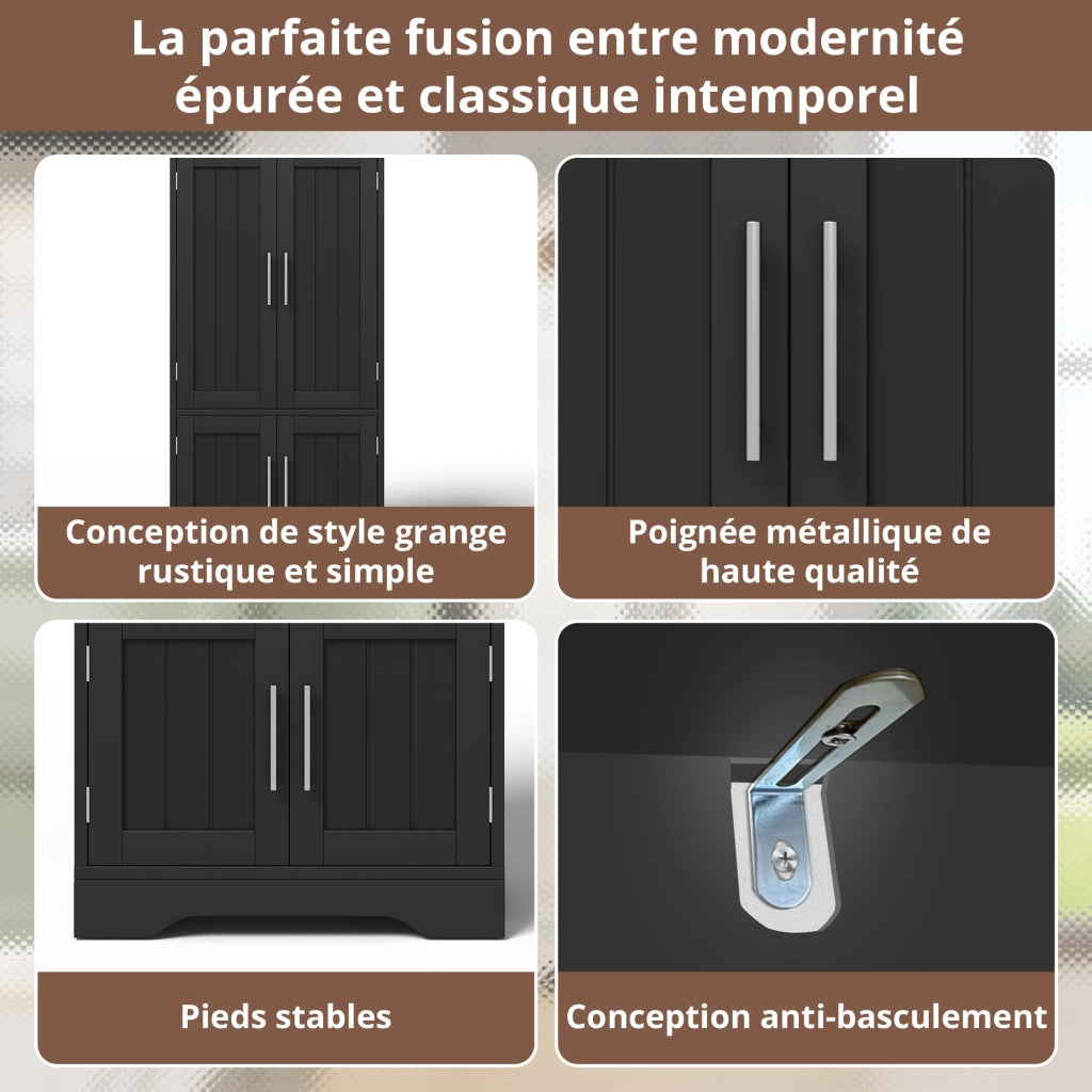 Credenza da cucina alta con LED, 4 ante e 2 ripiani regolabili, per cucina e soggiorno, MDF nero, 120 × 60 × 40 cm