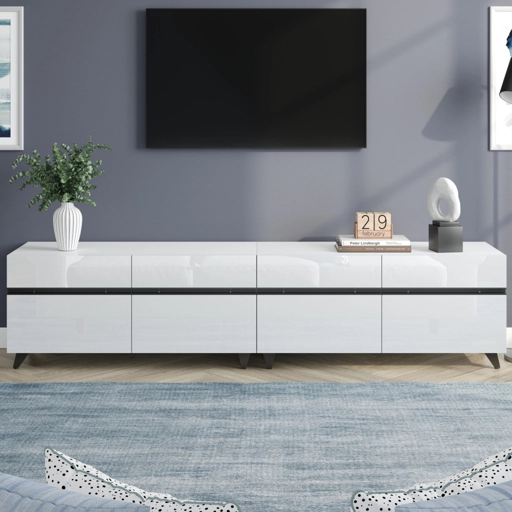 Mobile TV 180x40x49 cm con 4 ante e ripiani regolabili in MDF; bianco con linee nere