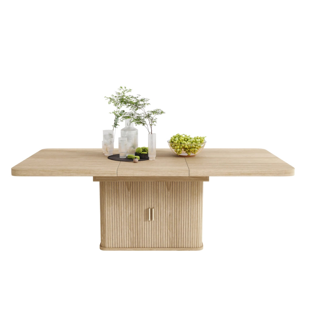 Tavolo da pranzo allungabile stile scandinavo, colore quercia, 150/200x90 cm, piano spesso con vano portaoggetti, per 6-8 persone