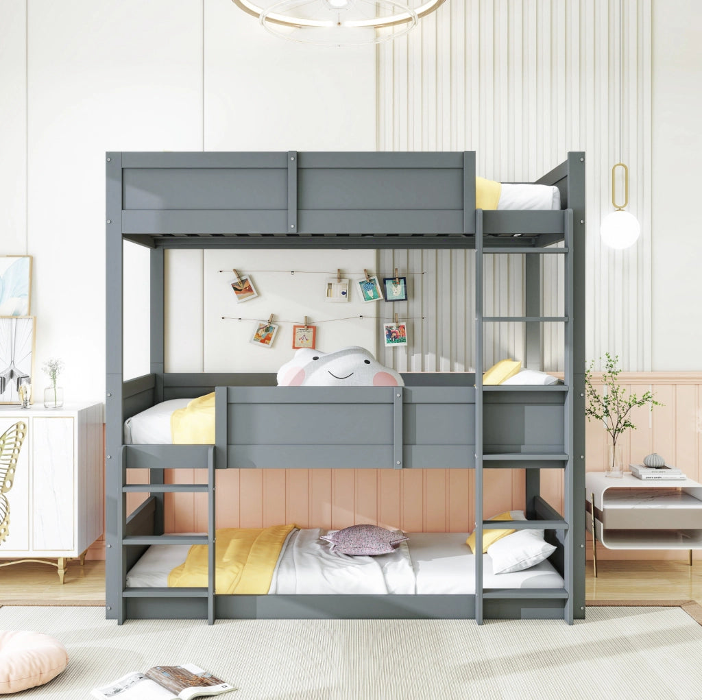 Letto a castello triplo in legno massiccio 90x200 cm con sponde alte, colore grigio