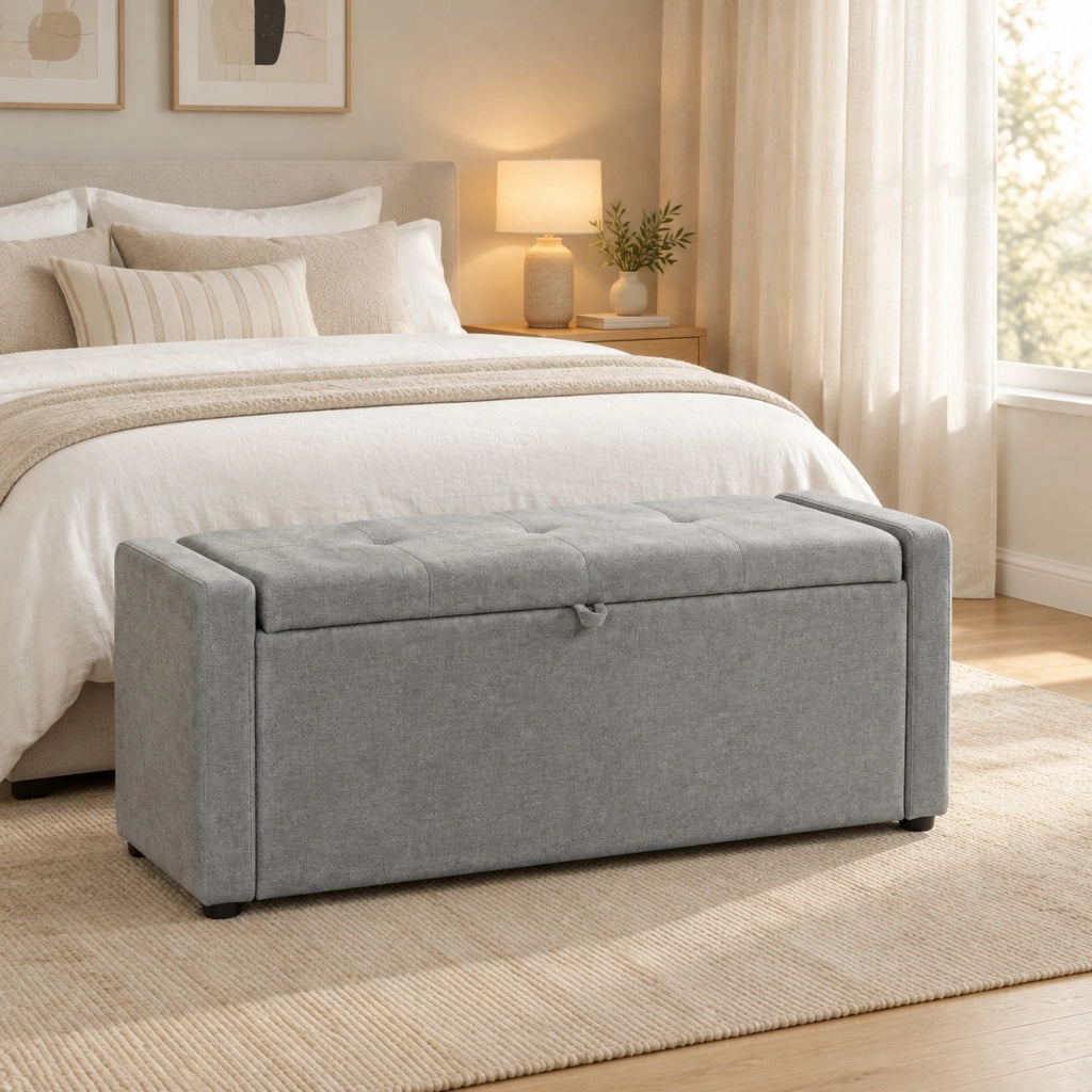 Panca contenitore 122 cm con seduta imbottita e rivestimento effetto lino grigio chiaro