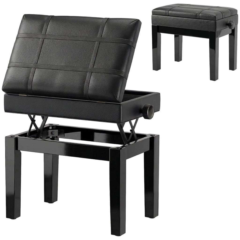 Sgabello per Pianoforte con Altezza Regolabile e Contenitore in Legno e Finta Pelle, 63x35x46-56cm, Nero