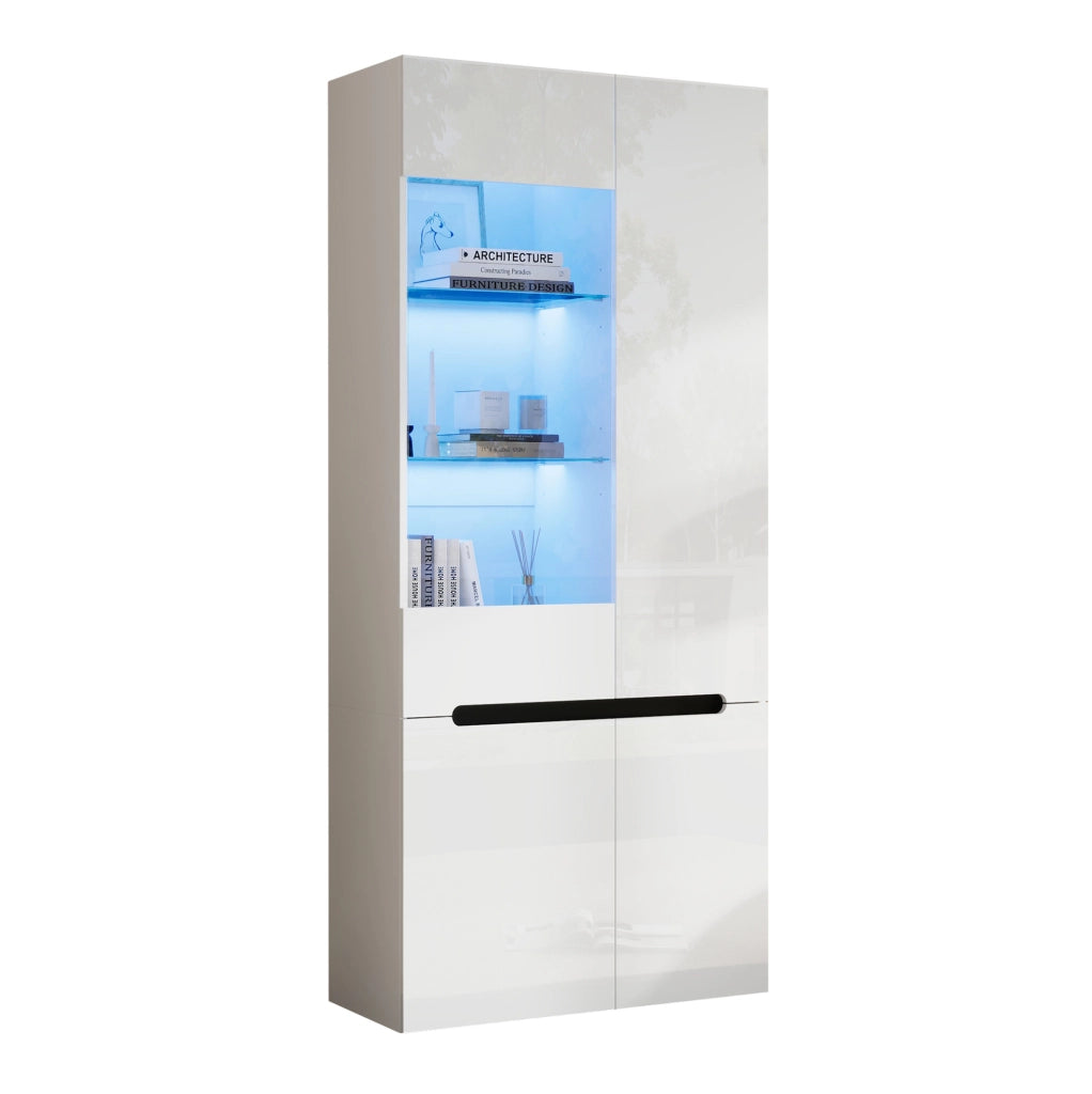 Vetrina 80x35x180 cm in MDF e vetro temperato bianco con LED Bluetooth