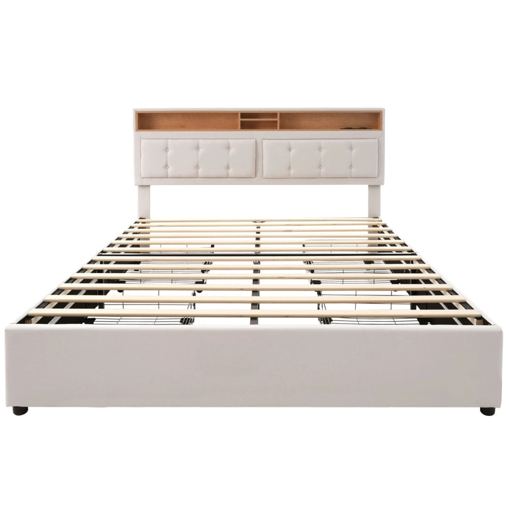 Letto imbottito beige 140 x 200 cm con 4 cassetti, prese USB e Tipo-C