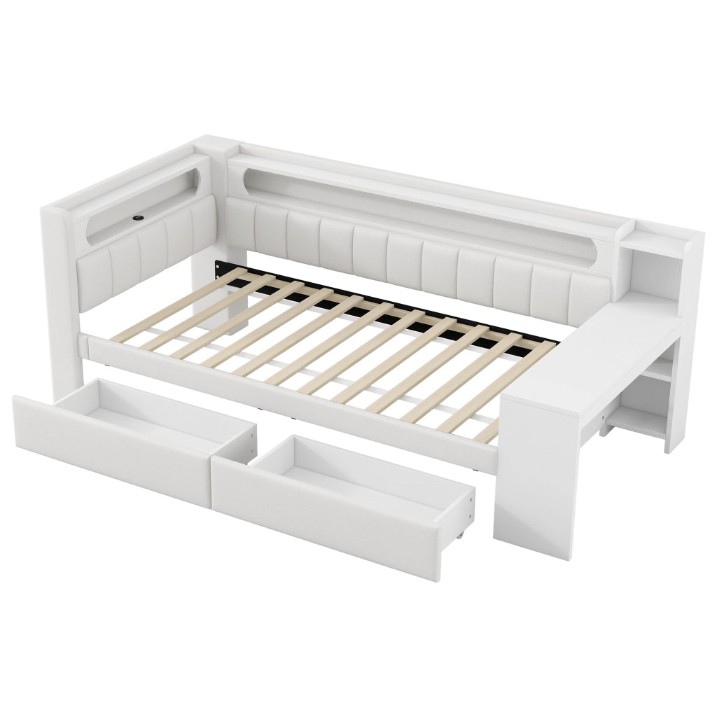 Letto singolo imbottito 90 × 200 cm con scrivania, 2 cassetti, porta USB e LED a 7 colori, senza materasso, bianco