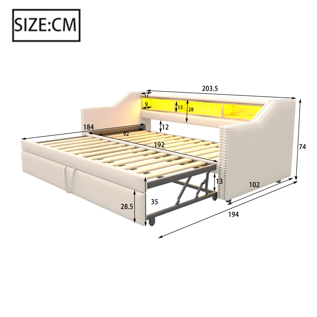 Divano letto 90 × 190 cm estraibile fino a 180 × 190 cm con ripiani laterali LED USB tessuto beige
