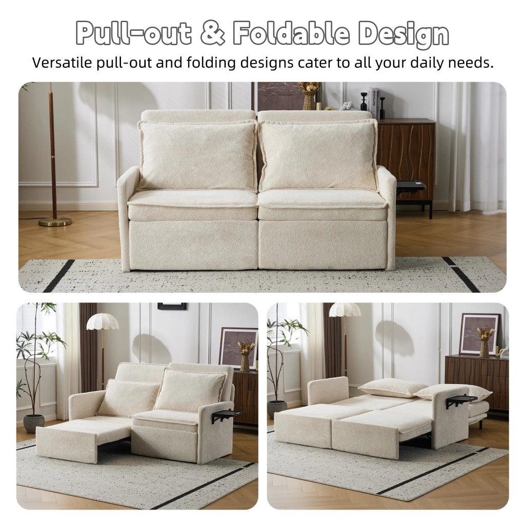 Divano Letto 3 in 1 Beige in Ciniglia con Presa USB e Vano Contenitore, Schienale Regolabile a 5 Livelli e Cuscini Salvaspazio