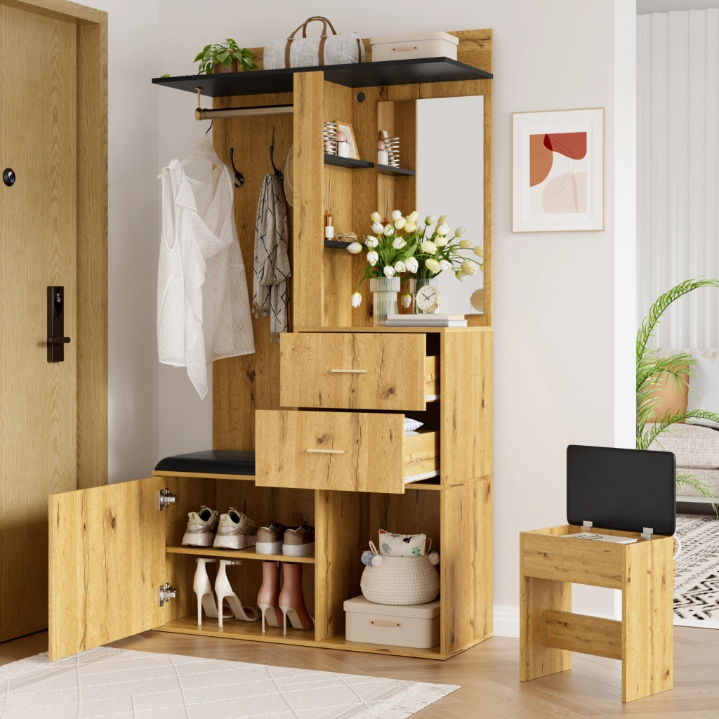 Mobile da ingresso con specchio, LED, 2 cassetti, seduta e scarpiera con ripiani regolabili, MDF naturale, 100 × 40 × 172.5 cm