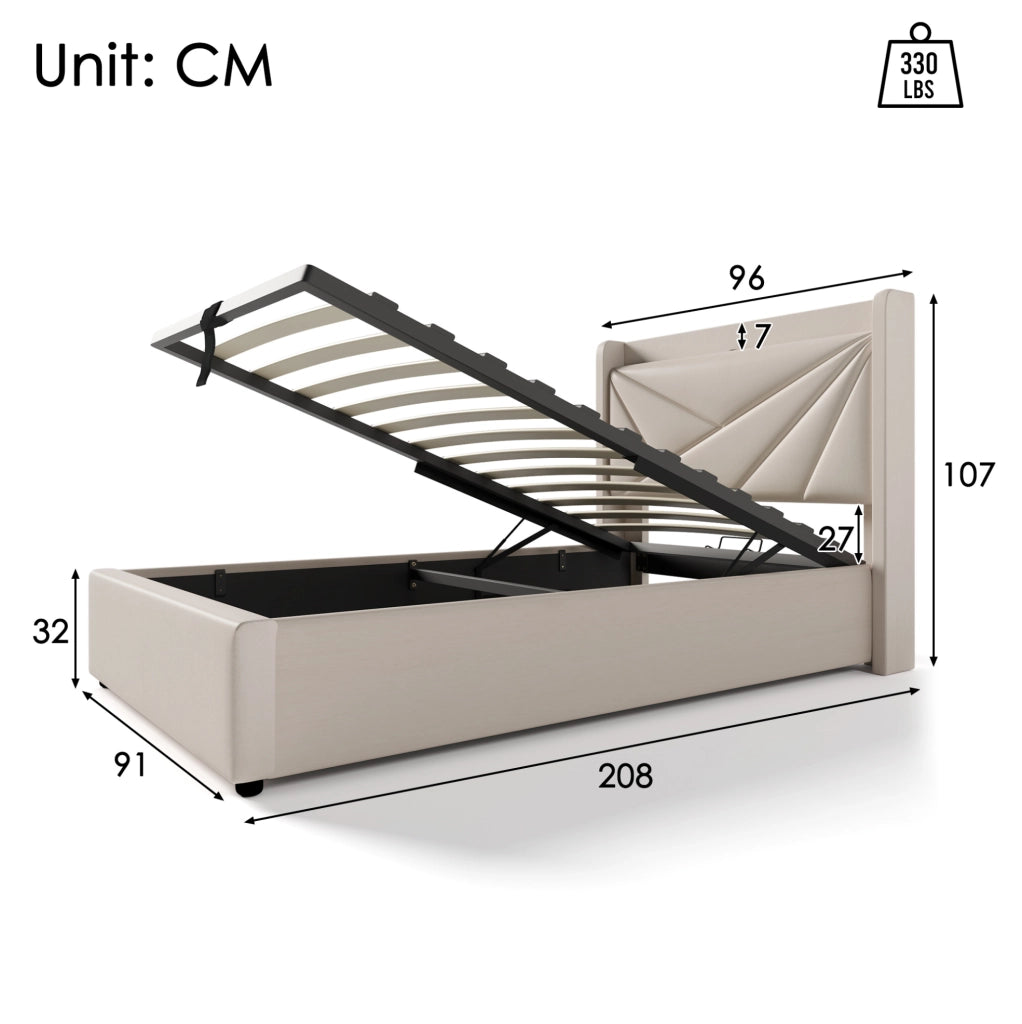 Letto singolo 90x200 con contenitore, testiera con USB e USB-C