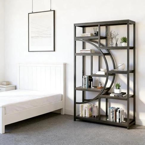 Libreria moderna a 9 ripiani in metallo e legno nero