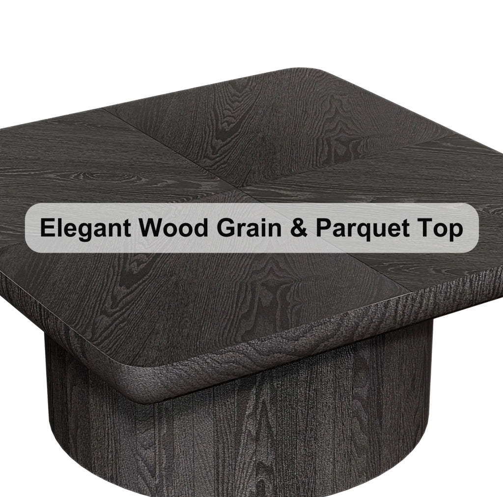 Tavolino Quadrato 78cm con Piano in Impiallacciatura a Parquet e Base Cilindrica Nero