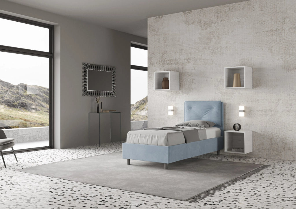 BS COM Letto singolo con rete imbottito 80x190 microfibra azzurro