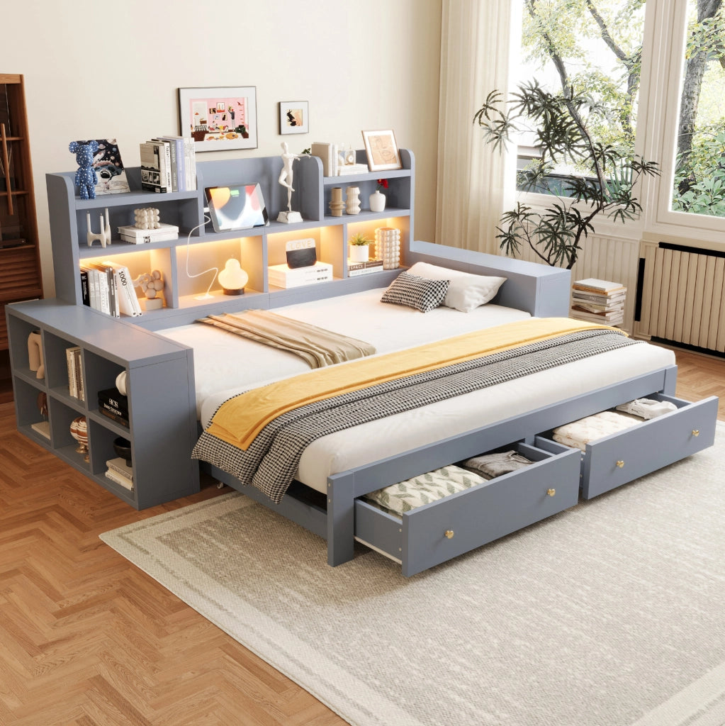Divano letto estraibile 90x200/180x200 cm con cassetti, LED e prese in compensato e MDF grigio