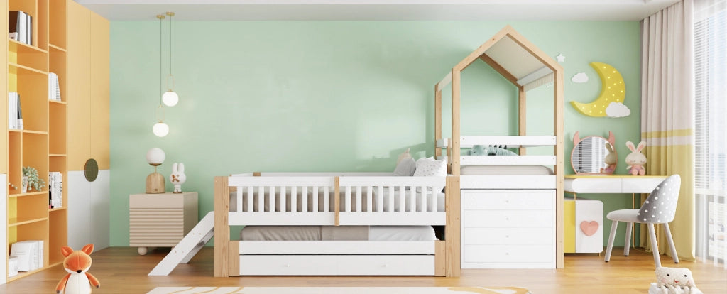 Letto a Castello per Bambini 90x200 cm con Letto Estraibile 90x190 cm, Struttura in Legno Massello e Tetto in Tessuto, Bianco e Legno Naturale