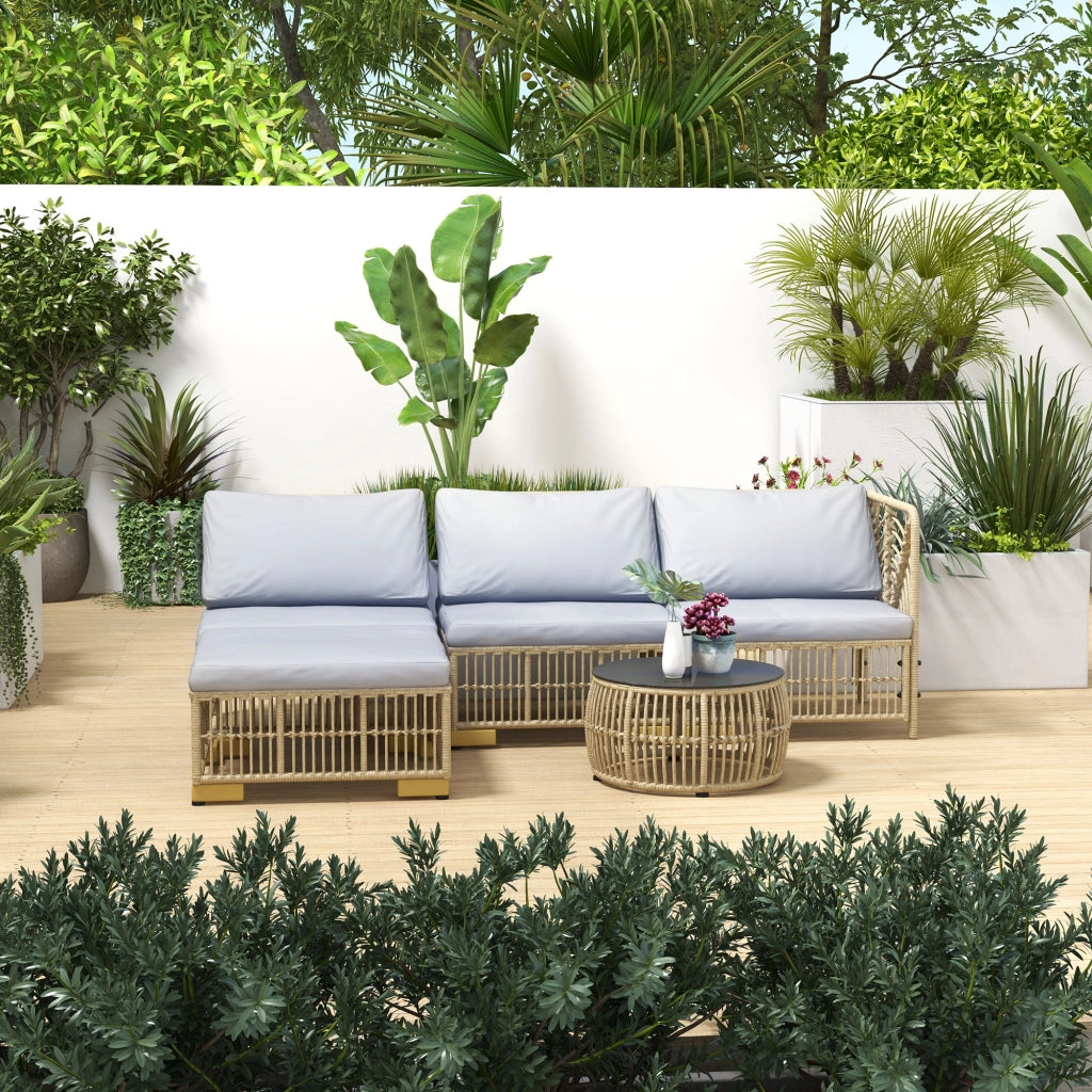 Set 5 Pezzi Mobili da Giardino in Rattan Sintetico Grigio Chiaro con Cuscini e Struttura in Acciaio Robusto per Terrazzo ed Esterno