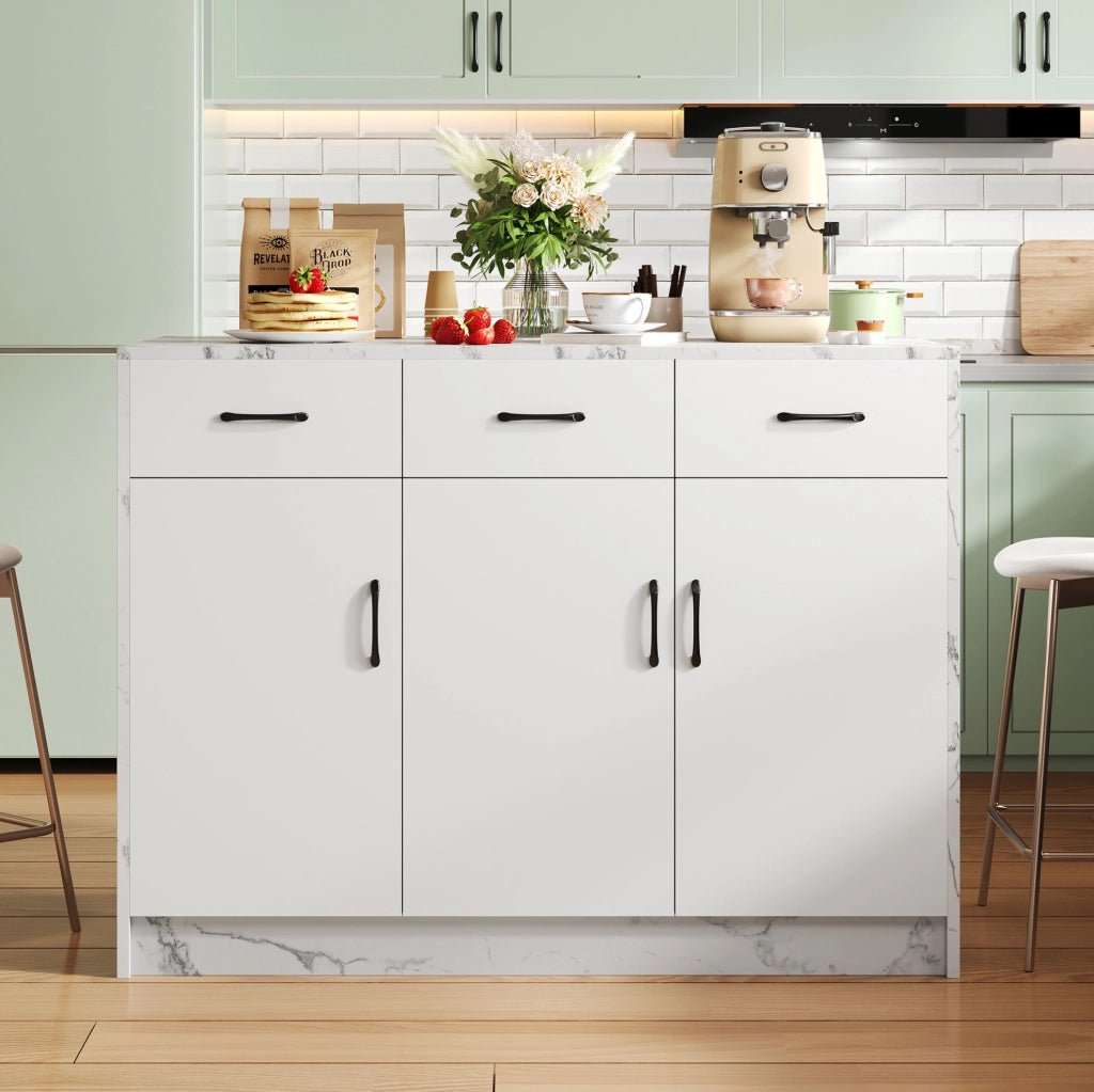 Isola da cucina 120x60x90,5 cm con 3 cassetti e 3 ante in MDF bianco