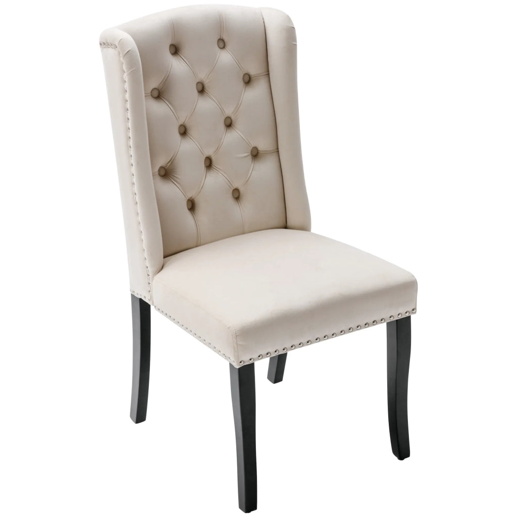 Set 2 Sedie da Pranzo in Velluto Beige con Gambe in Quercia, Bottoni e Borchie Cromate, per Soggiorno e Camera