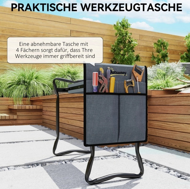 Panchetta pieghevole per giardinaggio con cuscino per ginocchia, portautensili, acciaio, 58x28x49 cm, grigio