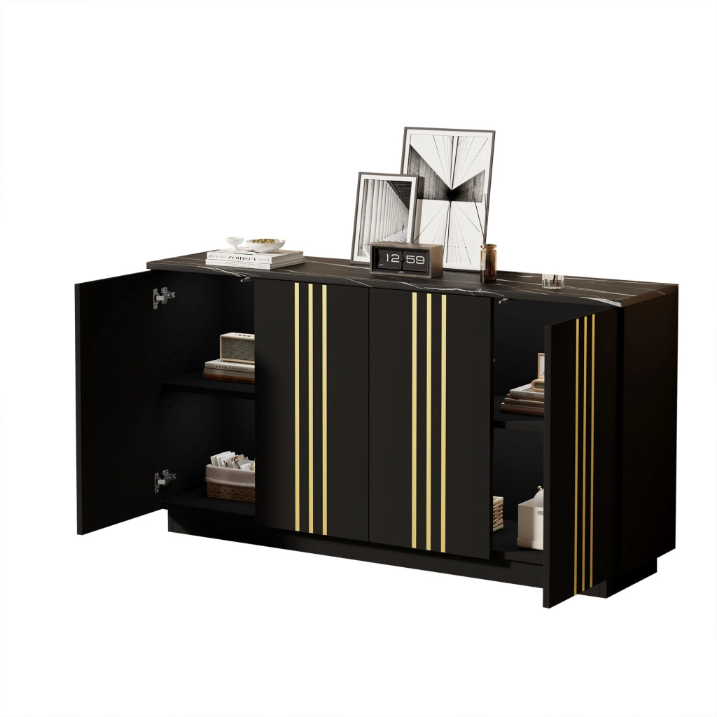 Credenza Soggiorno Nera e Oro 140 cm con 4 Ante e Ripiani Regolabili