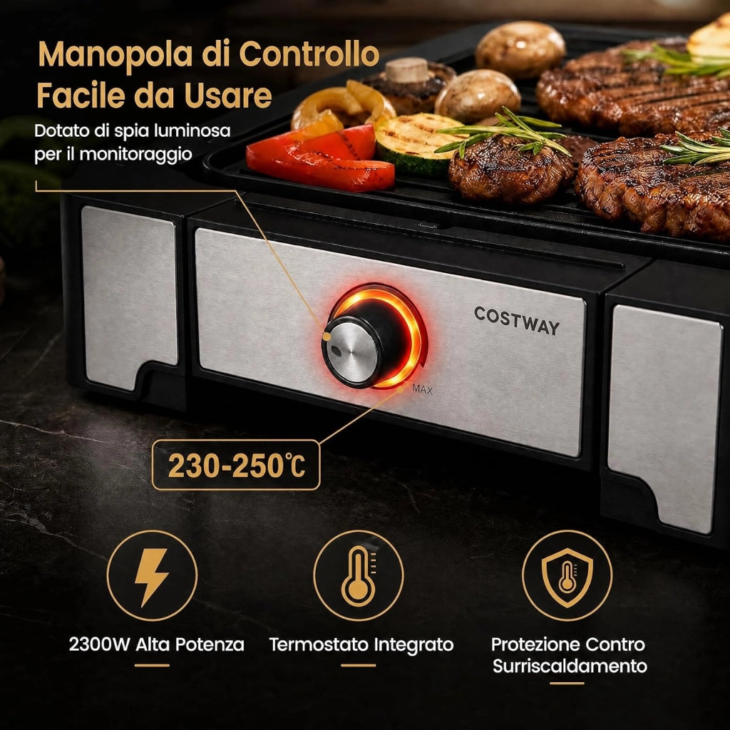 Griglia Barbecue Elettrica, 2300W Piastra Grill Elettrica
con Piastra a 2 Zone, Temperatura Regolabile e Vassoio Raccogli-grasso, Antiaderente con Pinza per BBQ e Campeggio, 53x31cm