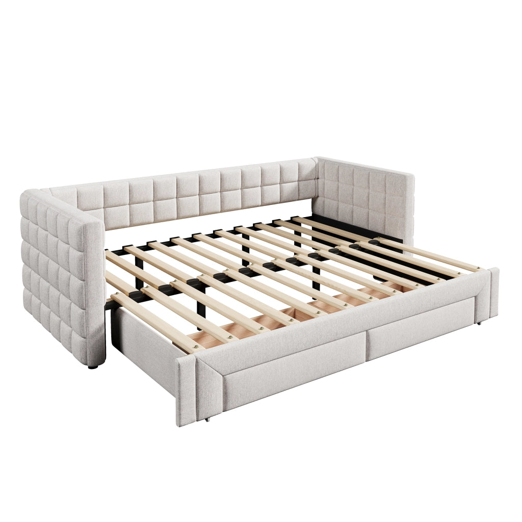 Letto estraibile singolo 90×200 cm con 2 cassetti e testiera quadrata; senza materasso; velluto; beige
