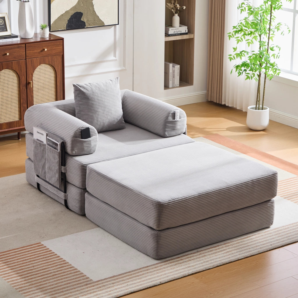 Divano modulare in corduroy con pouf; tasca laterale e cuscino; grigio chiaro 112x190x67 cm