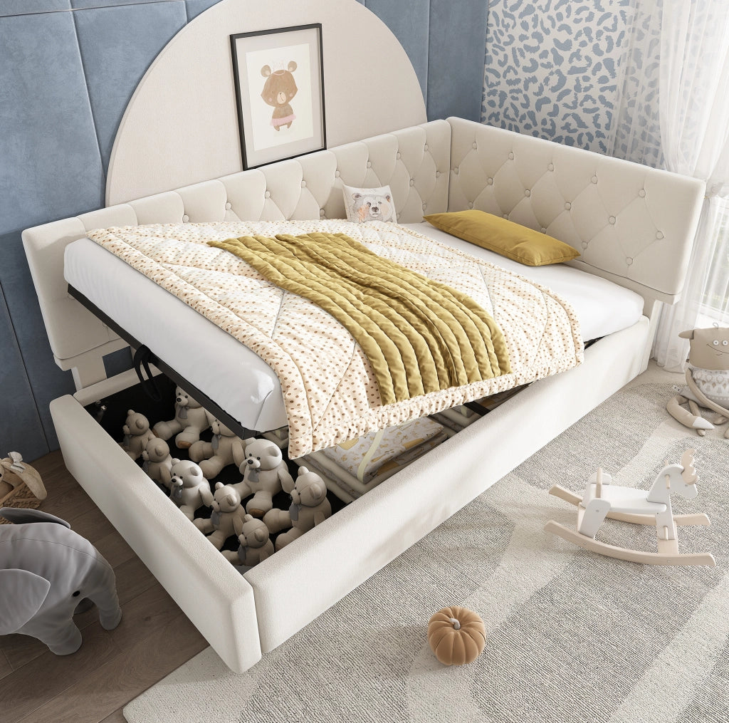 Divano letto 90x200 cm con contenitore idraulico; velluto beige; senza materasso