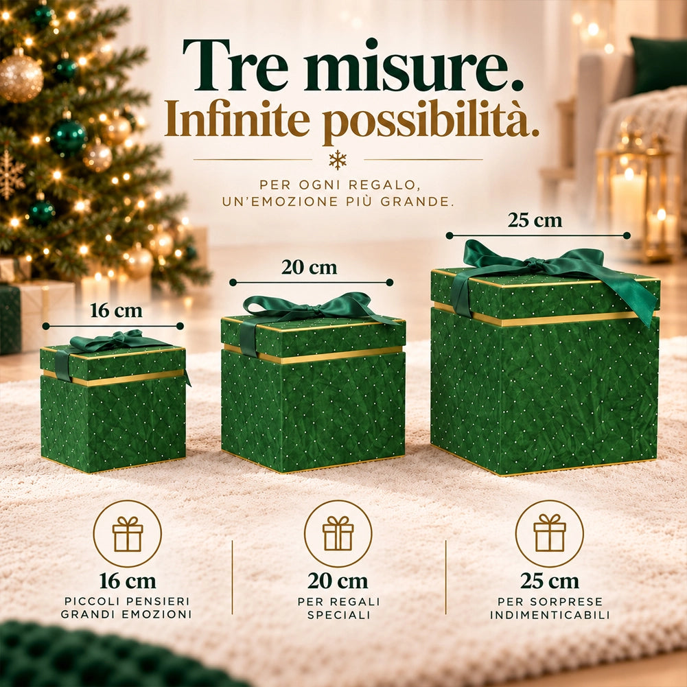 Set 3 Scatole Quadrate Decorazione Natalizia Verde 16/20/25cm Scatola con Fiocco