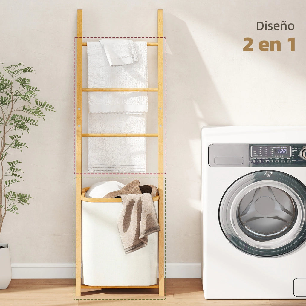 Portasciugamani a Terra in Bamb¨´ con 3 Barre e Cestino per Biancheria Estraibile 48 L Crema ¨C Minimal ¨C 42x42x160 cm